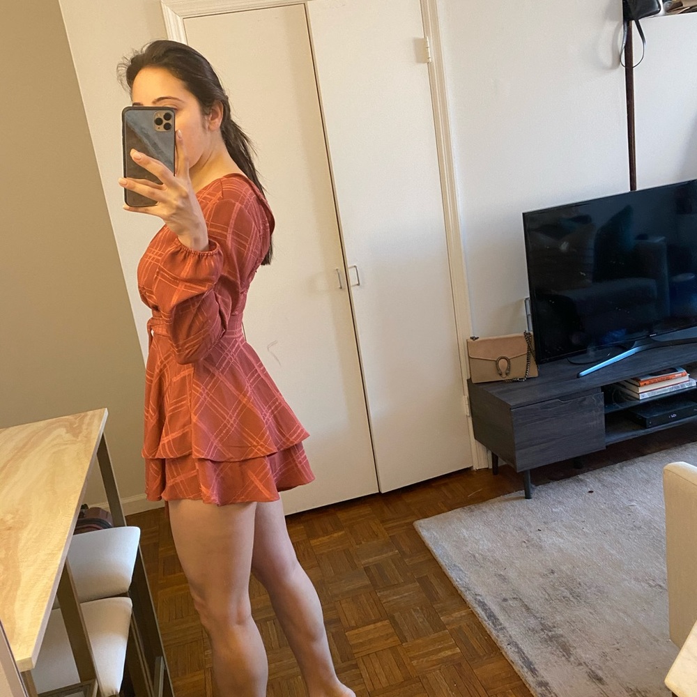 Grid Long Sleeve Ruffle Romper - Picture 2 of 2